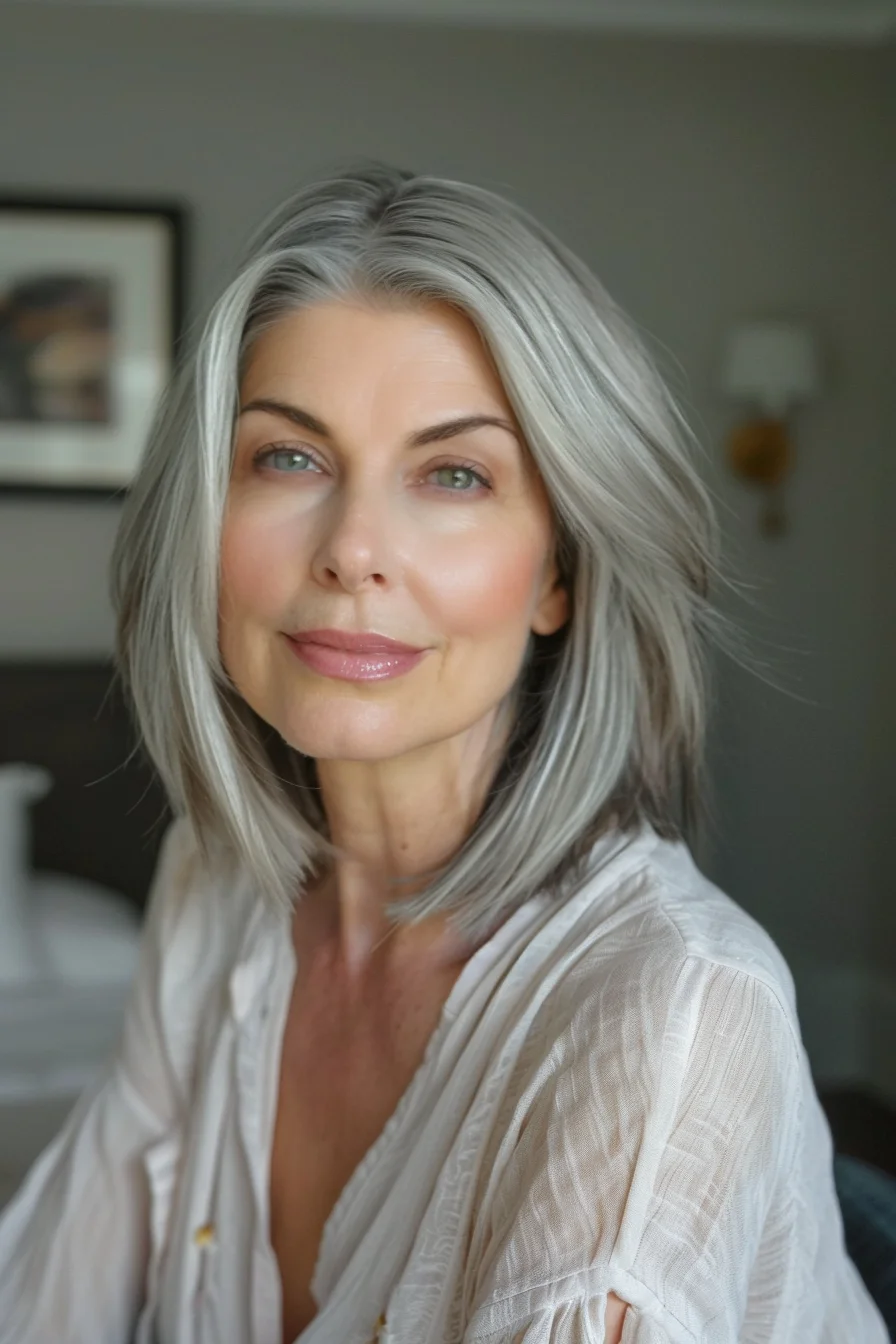 Here, a sleek and straight gray bob showcases a modern and sophisticated look. The length falls around the jawline, accentuating her bone structure. A simple center part completes this chic and easy-to-manage hairstyle.