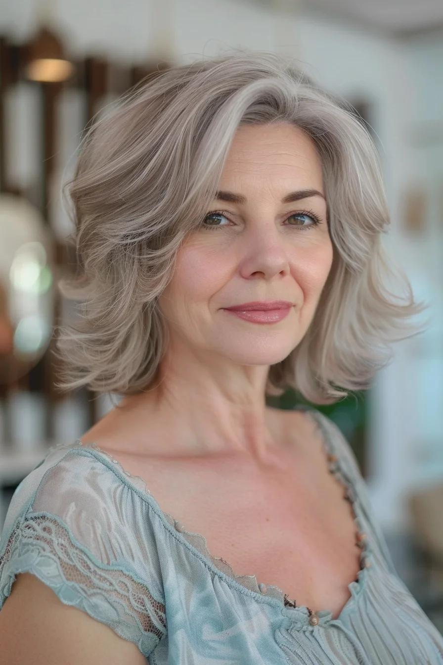 Voluminous curls give this gray bob a bouncy and playful feel. The layered cut adds movement and dimension, while the curls create a full and glamorous look. It's a style that's both youthful and stylish.