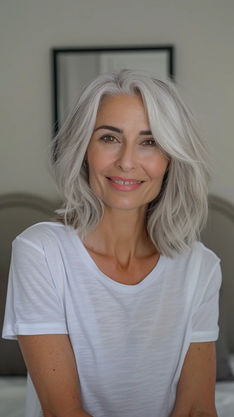 Tousled, textured waves create a soft and romantic look in this gray bob. The hair falls just below the shoulders, framing her face beautifully. The natural gray color is full of dimension, with subtle highlights and lowlights adding depth.