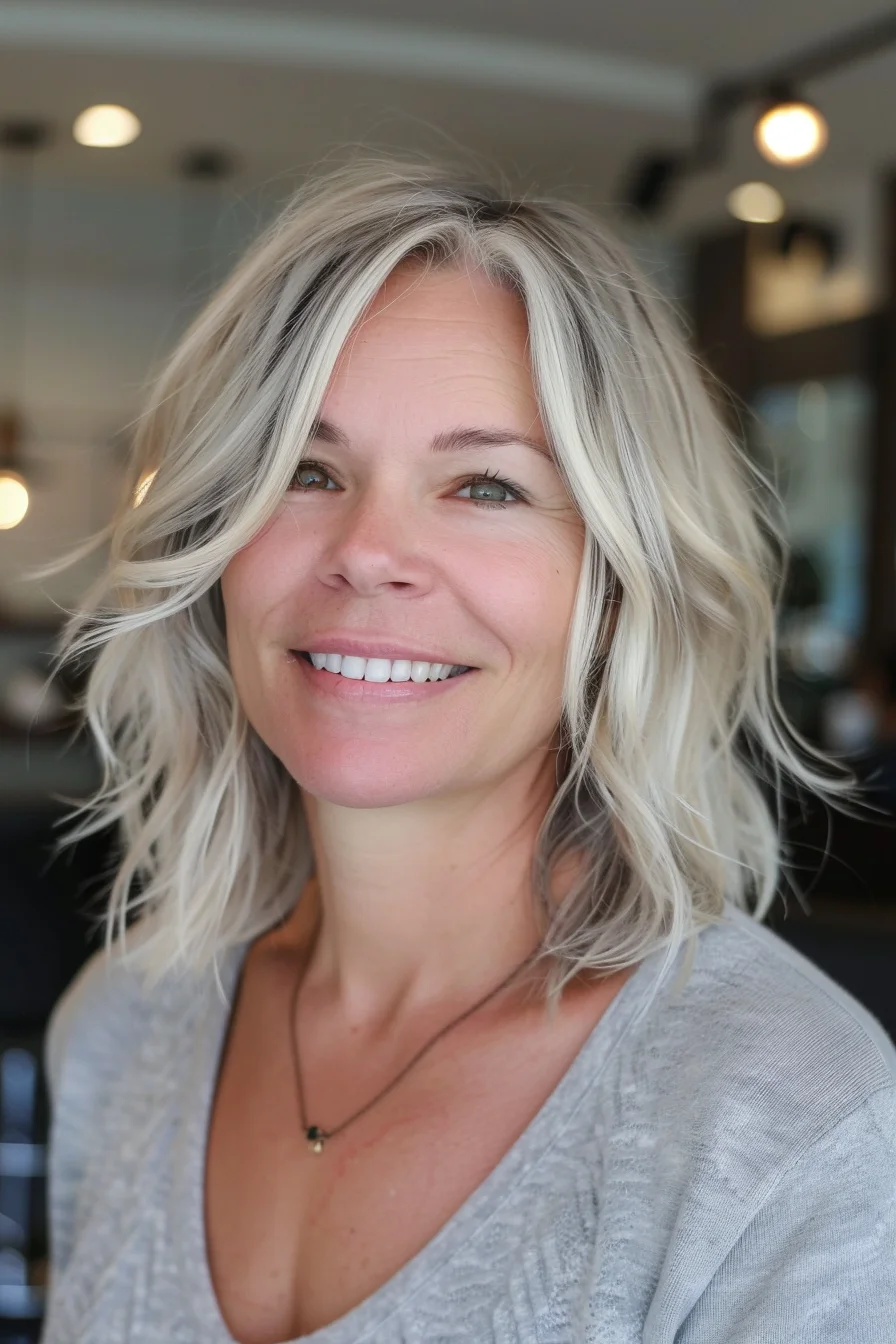 A wavy, layered bob shines in a beautiful shade of silver-gray. The textured waves add movement and body, creating a full and bouncy look. This style is perfect for those who want a low-maintenance yet stylish cut.