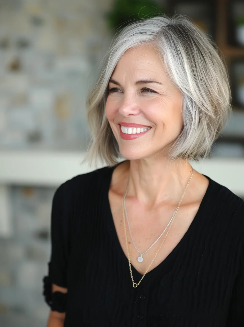 This angled gray bob is both chic and modern. The hair is shorter in the back, gradually lengthening towards the front, creating a dynamic silhouette. Soft waves add a touch of femininity to this edgy cut.