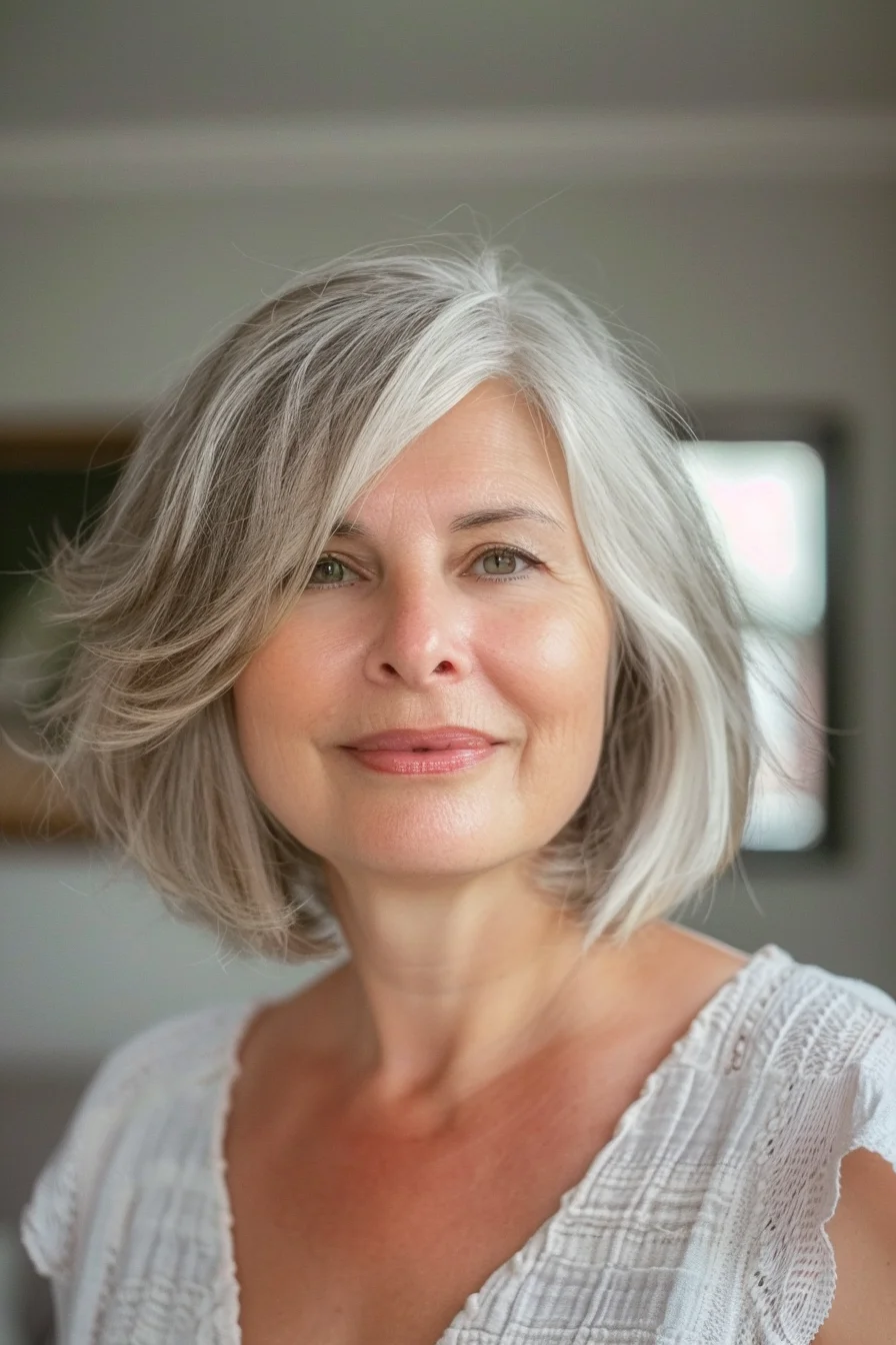 A side-swept gray bob exudes effortless style and sophistication. The hair is styled with a deep side part and soft waves, creating a flattering and feminine look. This classic bob is a timeless choice.