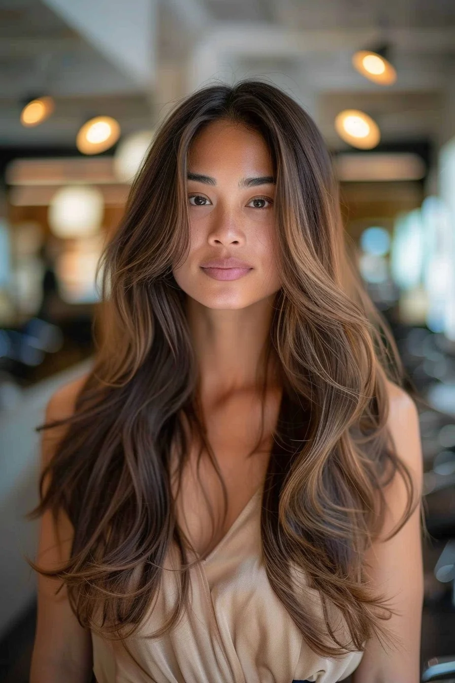 Long, flowing waves with a deep brunette base are complemented by warm, caramel highlights that add brightness and depth. The layers create a sense of movement and volume, while the middle part keeps the look balanced. Softly blended highlights near the face provide a natural, sun-kissed glow.