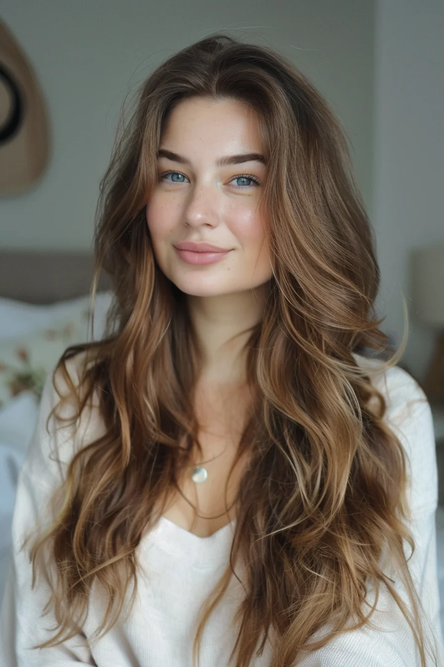 Loose, natural waves cascade down in a warm, light brown tone with soft, golden highlights that enhance the hair’s texture. The long layers add volume and movement, while the middle part gives a soft, relaxed feel. The subtle highlights bring dimension, making the hair look fuller and more dynamic.