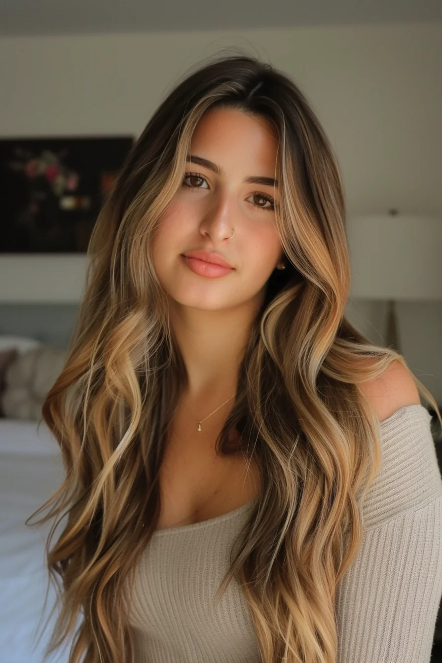 Long, flowing waves blend a soft brunette base with bright, honey-blonde highlights. The middle part enhances the face-framing effect of lighter strands, adding contrast and dimension. Loose waves cascade down, creating a natural, sun-kissed look.
