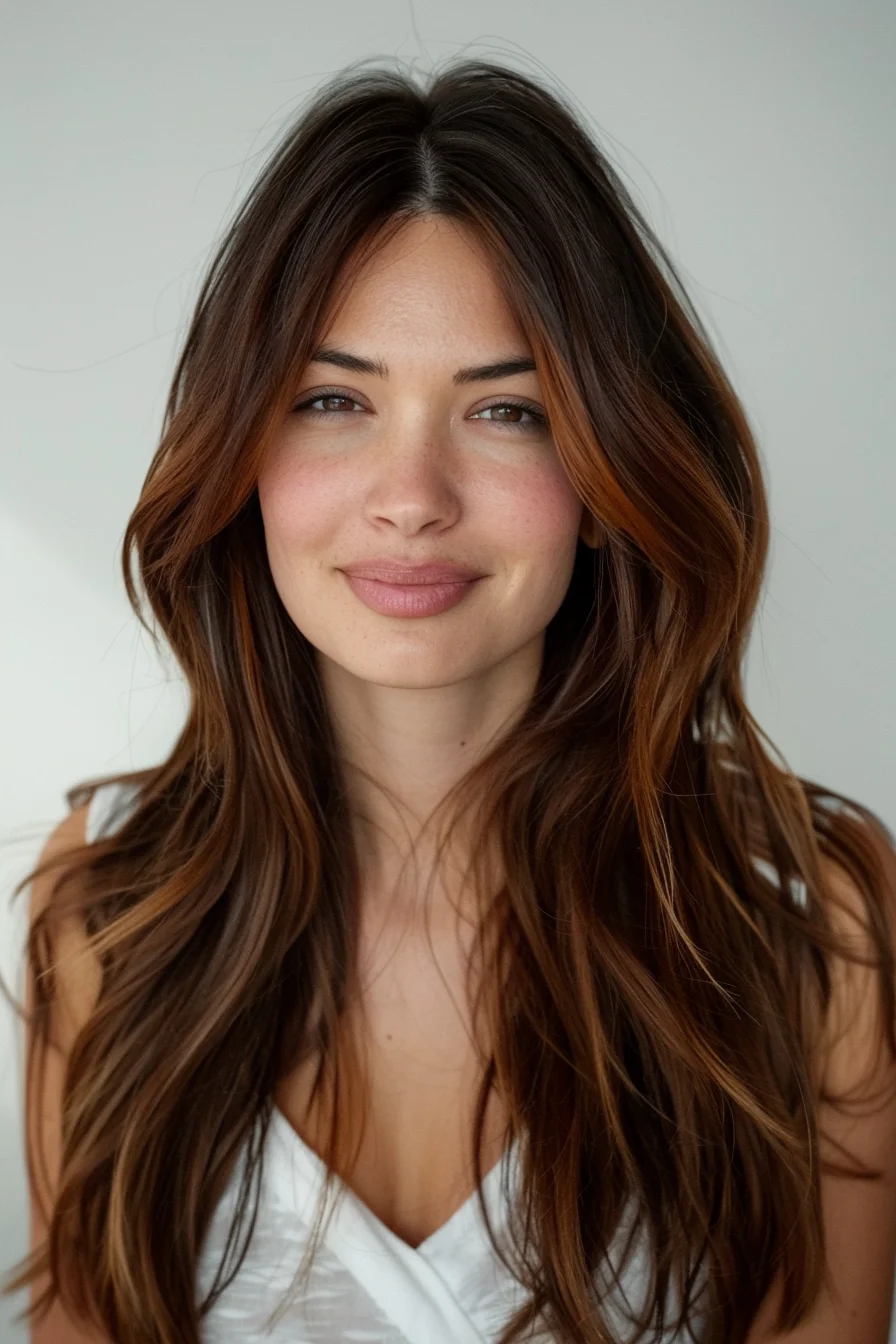 A rich, brunette base with auburn undertones adds warmth and depth to the flowing waves. Subtle layers create movement, while a center part keeps the look balanced. The warm highlights near the face give a subtle glow, enhancing the natural texture.