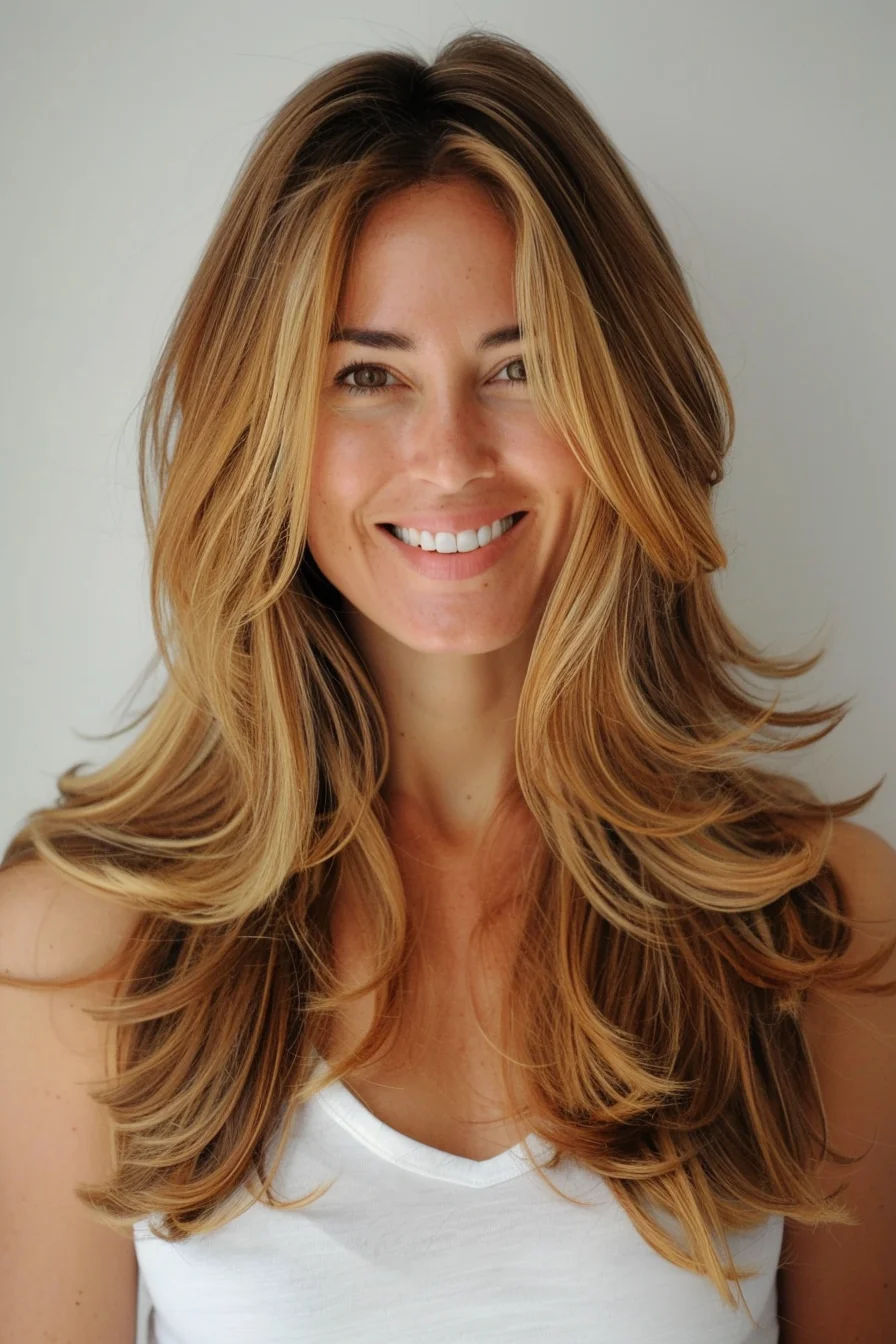Feathered layers add volume to this soft, golden blonde look. The brighter highlights around the face brighten the overall appearance, while the layers create a dynamic shape. A middle part gives balance, allowing the layers to frame the face gently.