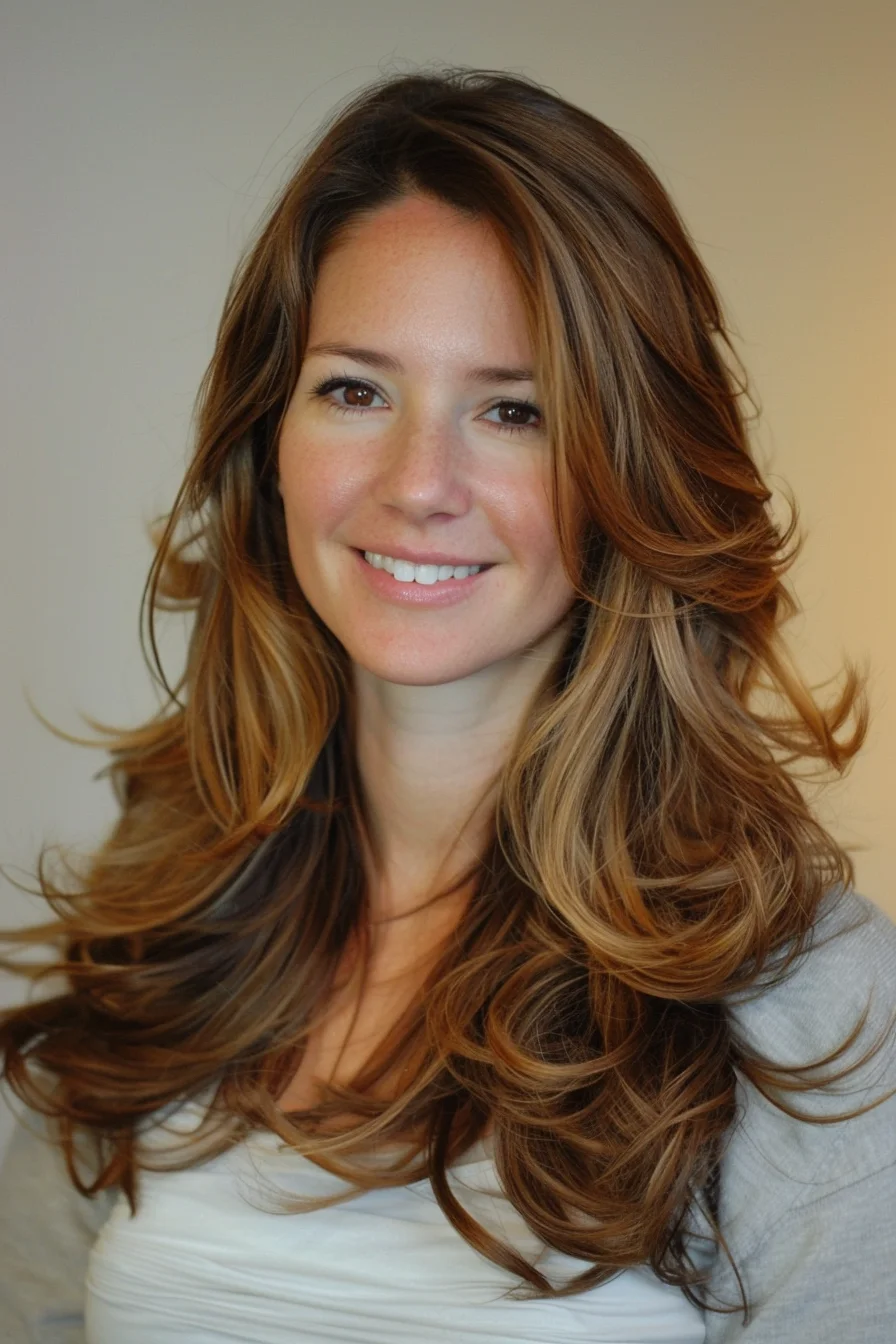 Cascading waves with a warm, chestnut brown base are enhanced by caramel highlights. The face-framing layers add lightness, while the tousled curls create a relaxed, voluminous shape. This cut gives a soft, natural lift, perfect for showcasing blended tones.