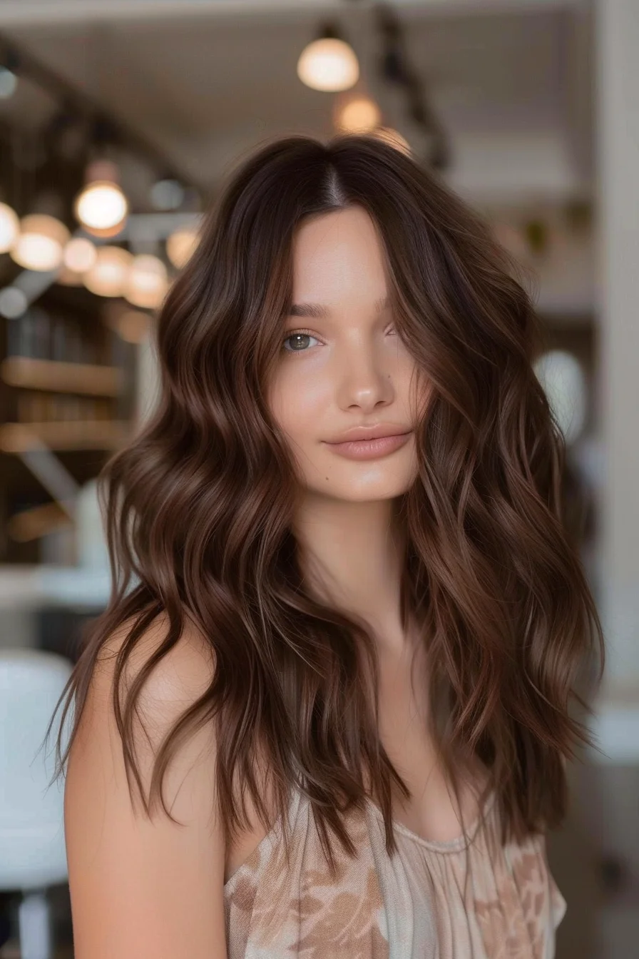 Deep waves with a rich chocolate color create a striking, voluminous look. The loose, flowing curls add texture and depth with a subtle shine. A center part helps emphasize the fullness, giving the hair a soft, relaxed flow.