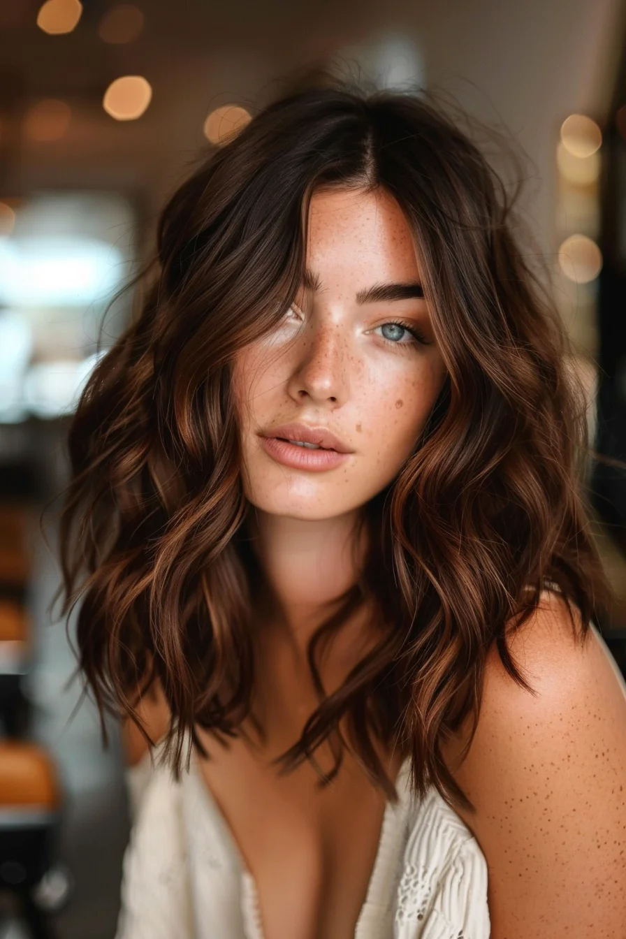 Textured waves with a dark, rich brown base give a modern, tousled appearance. Soft curls add volume and bounce, while the center part divides the face symmetrically. The overall look combines structured waves with a natural, effortless charm.