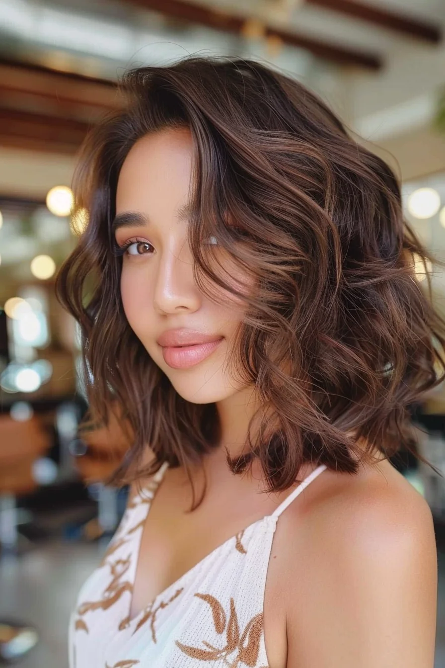 Soft, voluminous waves hit just above the shoulders, creating a tousled bob with plenty of texture. Rich, chocolate brown tones add depth, while the loose waves provide movement and a playful bounce.