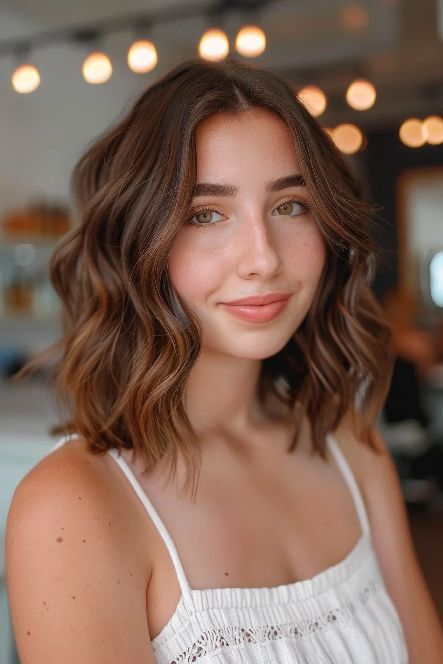 A shoulder-length wavy bob with a center part gives off a fresh, effortless vibe. Subtle highlights woven into the dark brown base add dimension, enhancing the natural waves for a soft, youthful look.