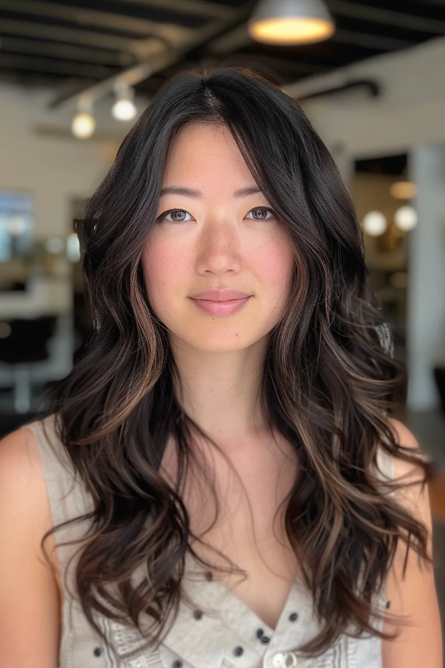 Long, flowing waves cascade from a deep side part, adding volume and texture. Dark brown roots transition into lighter, face-framing highlights, creating a contrast that adds brightness and dimension to the overall look.