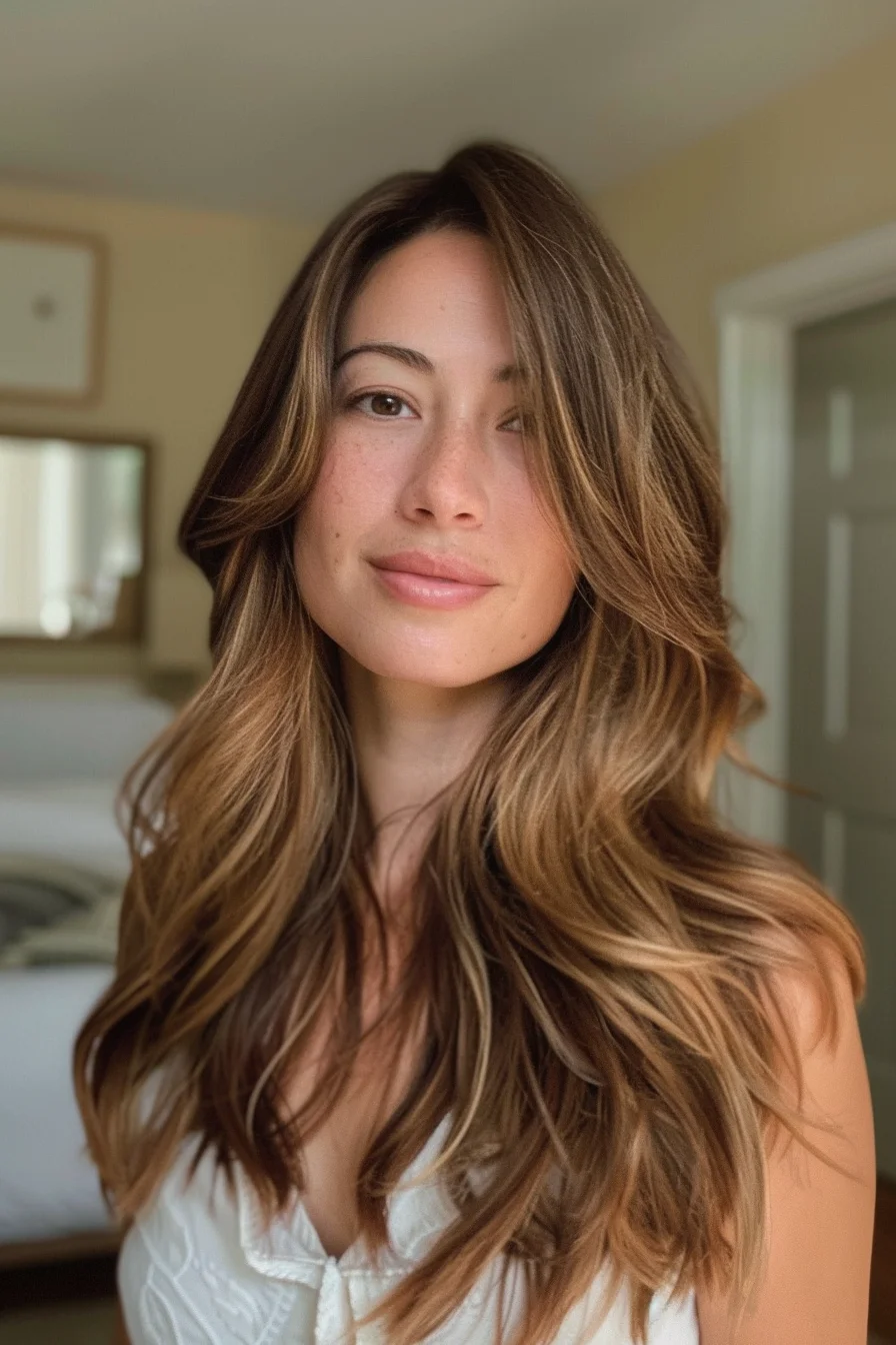 Gentle waves with caramel highlights blend seamlessly into a light brown base, creating a soft, natural flow. Layers around the face give it structure while adding dynamic movement to the mid-length cut.