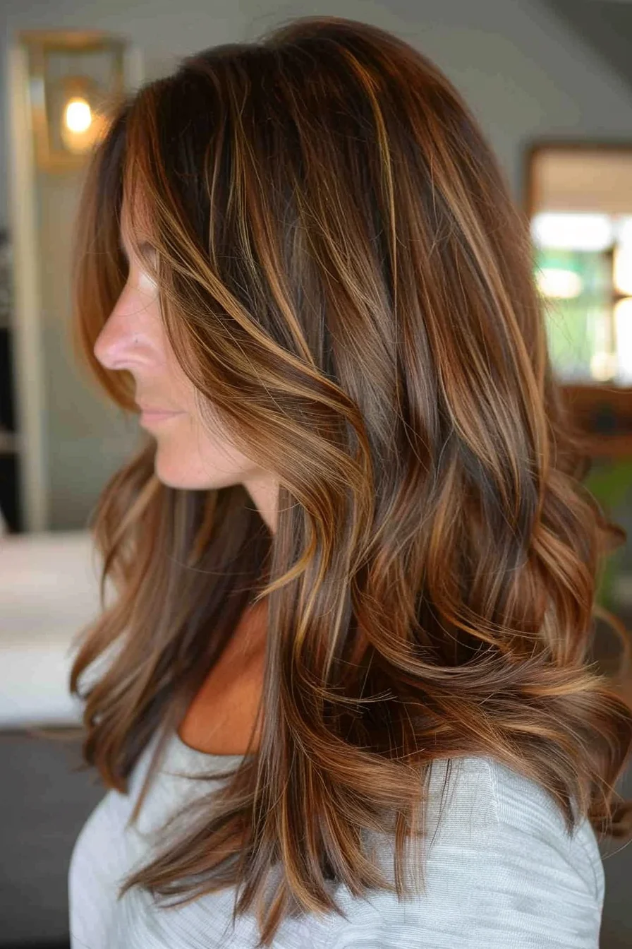 A side profile showcases long, flowing waves with a rich brunette base accented by warm honey highlights. The layers create movement and depth, giving an elegant yet natural finish to the look.