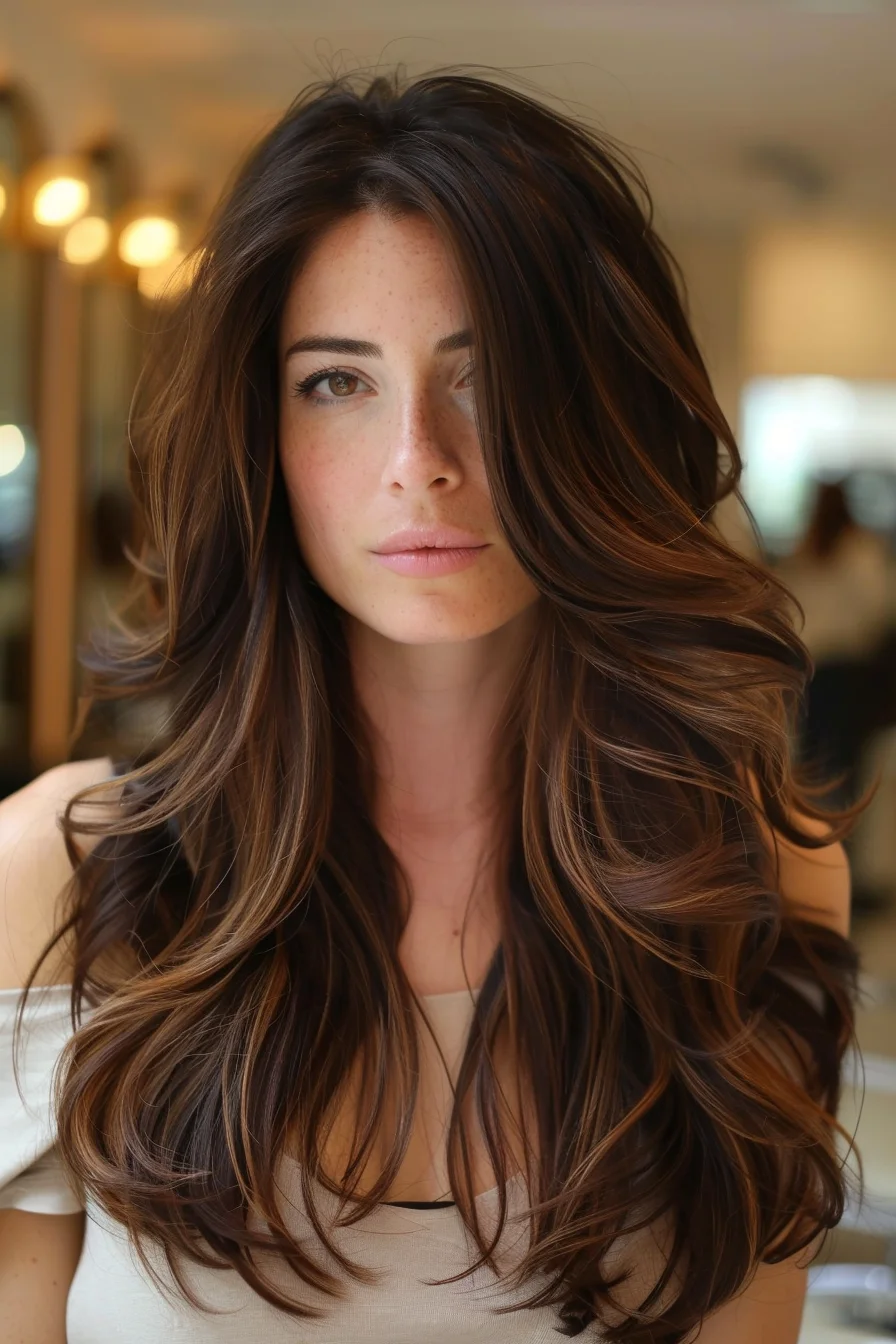 Rich, voluminous waves cascade down in deep brown shades, with soft highlights adding dimension. The center part balances the fullness, while the long layers create a natural lift and movement throughout the style.