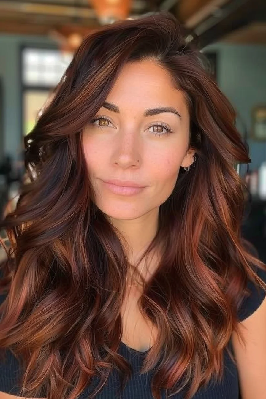 Deep auburn waves cascade with a mix of red and brown tones that bring warmth to the face. Layers add texture and volume, while the loose curls create a soft, glowing effect.