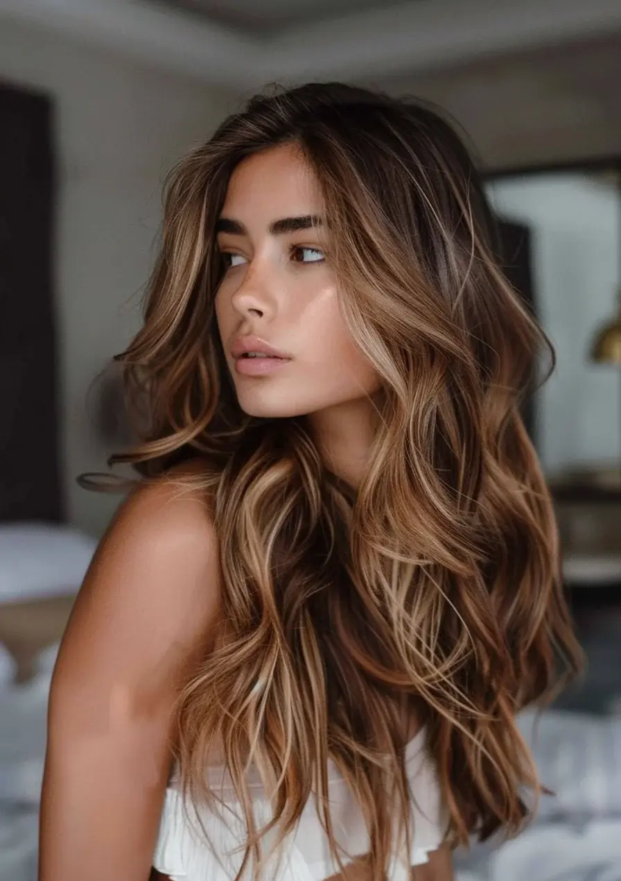 Tousled waves in warm caramel and honey hues frame the face, highlighting the natural texture. Lighter highlights bring brightness, pairing well with the darker brown base for a sun-kissed, beachy vibe.