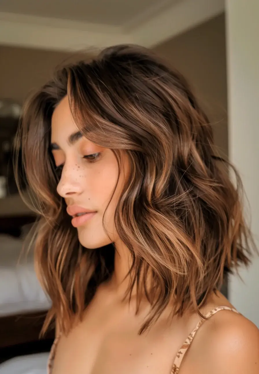 A wavy, shoulder-length cut with textured layers gives a carefree, undone feel. The light brown balayage creates depth, while the soft waves add volume and movement to the mid-length chop.