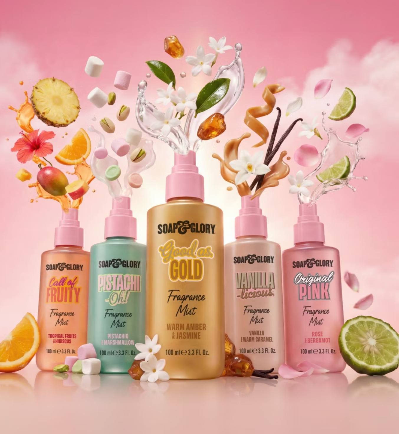 Soap & Glory NEW Fragrance Mist Collection 3 Soap & Glory Call Of Fruity Fragrance Mist Soap & Glory Pistachi-Oh! Fragrance Mist Soap & Glory Good As Gold Fragrance Mist Soap & Glory Vanillalicious Fragrance Mist Soap & Glory Original Pink Fragrance Mist